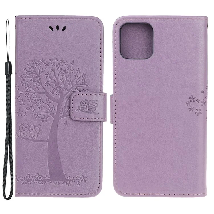 Owl Tree Imprint Wallet Stand Design pu le Cuir Case Protector Avec Bracelet Pour Iphone 13 Pro 6,1 Pouces - Violet Clair