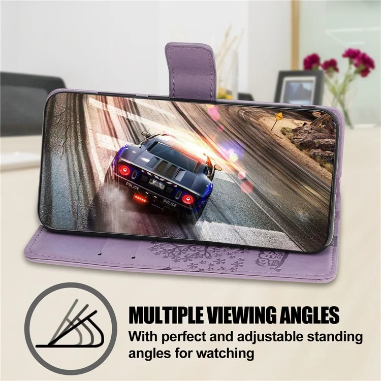 Owl Tree Imprint Wallet Stand Design pu le Cuir Case Protector Avec Bracelet Pour Iphone 13 Pro 6,1 Pouces - Violet Clair