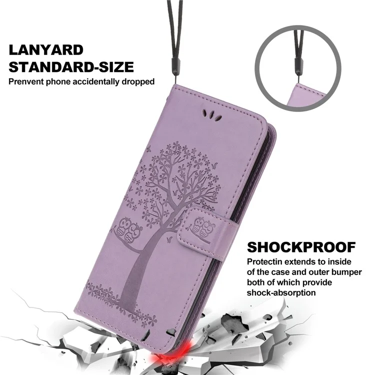 Owl Tree Imprint Wallet Stand Design pu le Cuir Case Protector Avec Bracelet Pour Iphone 13 Pro 6,1 Pouces - Violet Clair