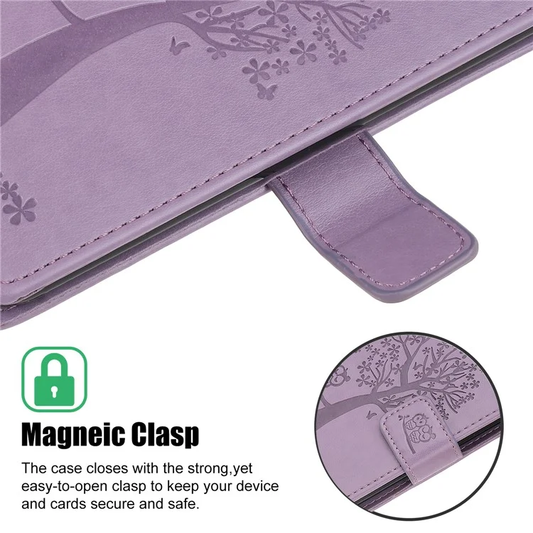 Owl Tree Imprint Wallet Stand Design pu le Cuir Case Protector Avec Bracelet Pour Iphone 13 Pro 6,1 Pouces - Violet Clair