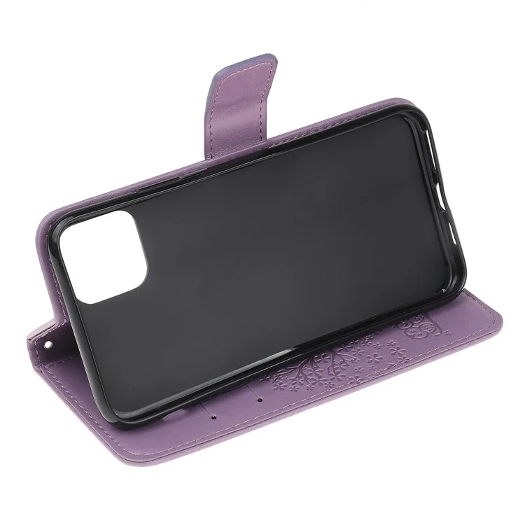 Owl Tree Imprint Wallet Stand Design pu le Cuir Case Protector Avec Bracelet Pour Iphone 13 Pro 6,1 Pouces - Violet Clair