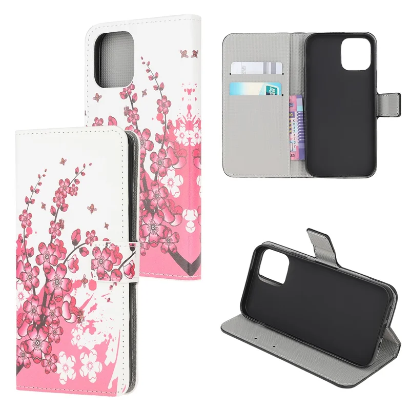Stand Flip Pattern Printing Design Soft PU Leather Magnetic Closure Wallet Case for iPhone 13 mini 5.4 inch - Plum Blossom