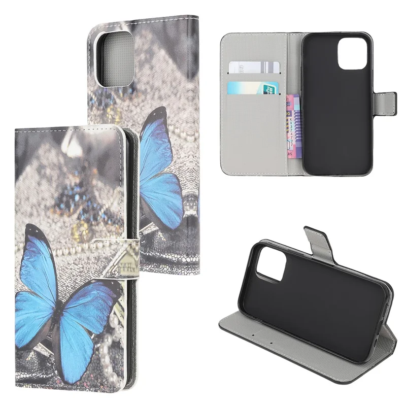 Stand Flip Pattern Printing Design Soft PU Leather Magnetic Closure Wallet Case for iPhone 13 mini 5.4 inch - Blue Butterfly