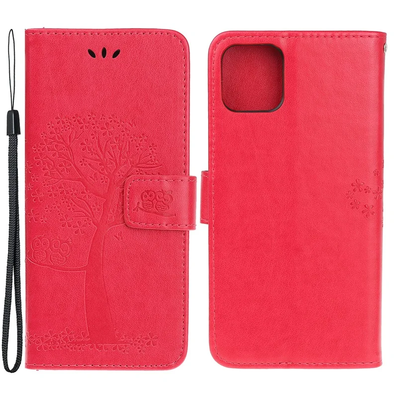Wallet Stand Leather Case with Owl and Tree Imprinted for iPhone 13 mini 5.4 inch - Red