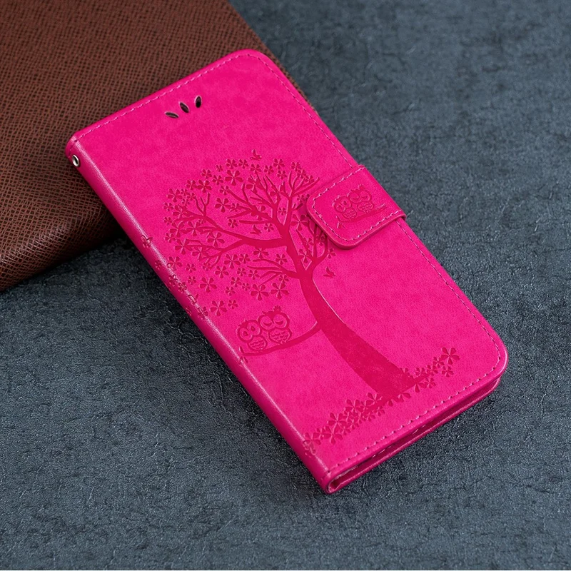 Wallet Stand Leather Case with Owl and Tree Imprinted for iPhone 13 mini 5.4 inch - Red