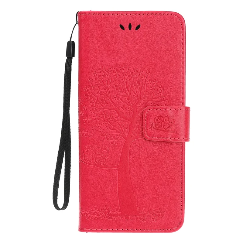 Wallet Stand Leather Case with Owl and Tree Imprinted for iPhone 13 mini 5.4 inch - Red