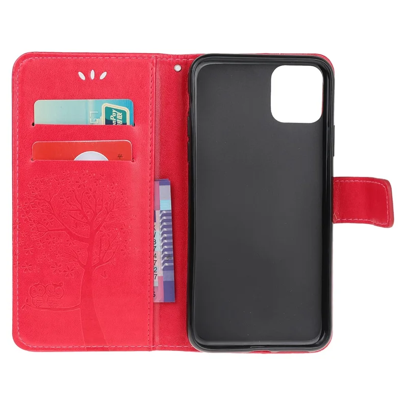 Wallet Stand Leather Case with Owl and Tree Imprinted for iPhone 13 mini 5.4 inch - Red