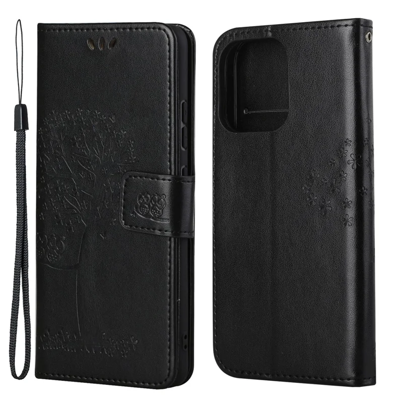 Owl Tree Imprinted Wallet Stand Leather Phone Shell Case for iPhone 13 6.1 inch - Black