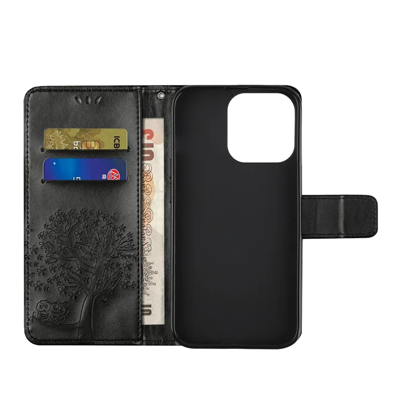 Owl Tree Imprinted Wallet Stand Leather Phone Shell Case for iPhone 13 6.1 inch - Black