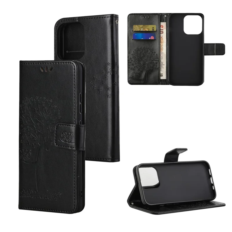 Owl Tree Imprinted Wallet Stand Leather Phone Shell Case for iPhone 13 6.1 inch - Black