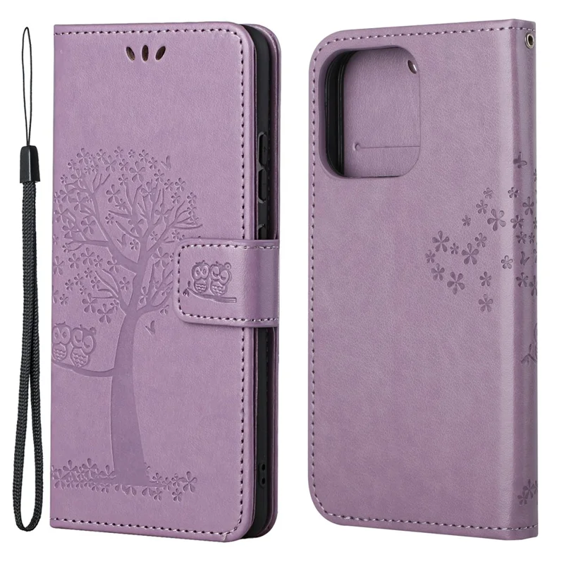 Owl Tree Imprinted Wallet Stand Leather Phone Shell Case for iPhone 13 6.1 inch - Light Purple