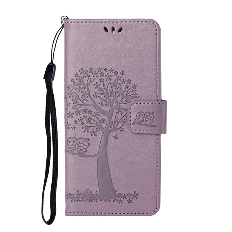 Owl Tree Imprinted Wallet Stand Leather Phone Shell Case for iPhone 13 6.1 inch - Light Purple