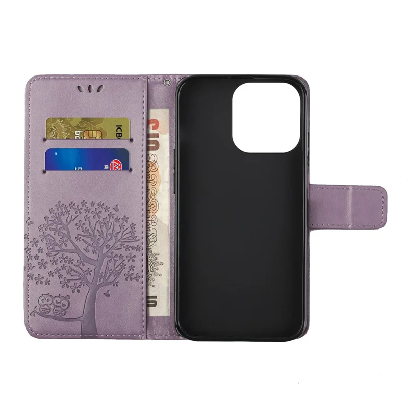 Owl Tree Imprinted Wallet Stand Leather Phone Shell Case for iPhone 13 6.1 inch - Light Purple