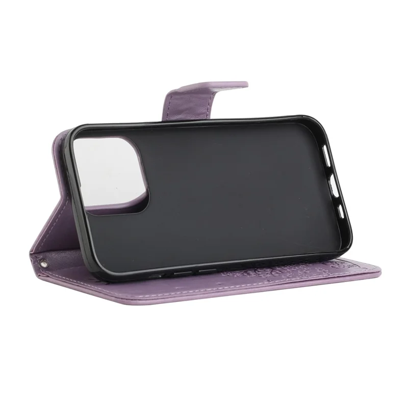 Owl Tree Imprinted Wallet Stand Leather Phone Shell Case for iPhone 13 6.1 inch - Light Purple