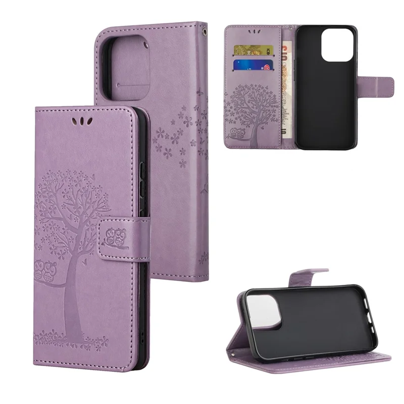 Owl Tree Imprinted Wallet Stand Leather Phone Shell Case for iPhone 13 6.1 inch - Light Purple