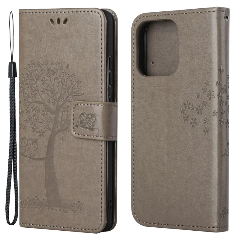 Owl Tree Imprinted Wallet Stand Leather Phone Shell Case for iPhone 13 6.1 inch - Grey