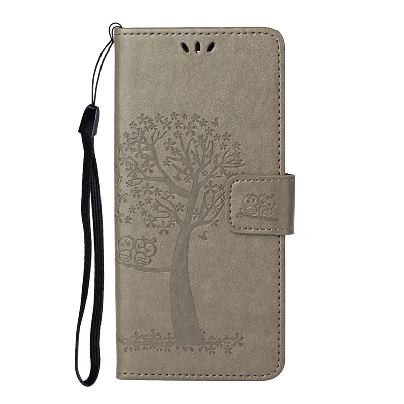 Owl Tree Imprinted Wallet Stand Leather Phone Shell Case for iPhone 13 6.1 inch - Grey