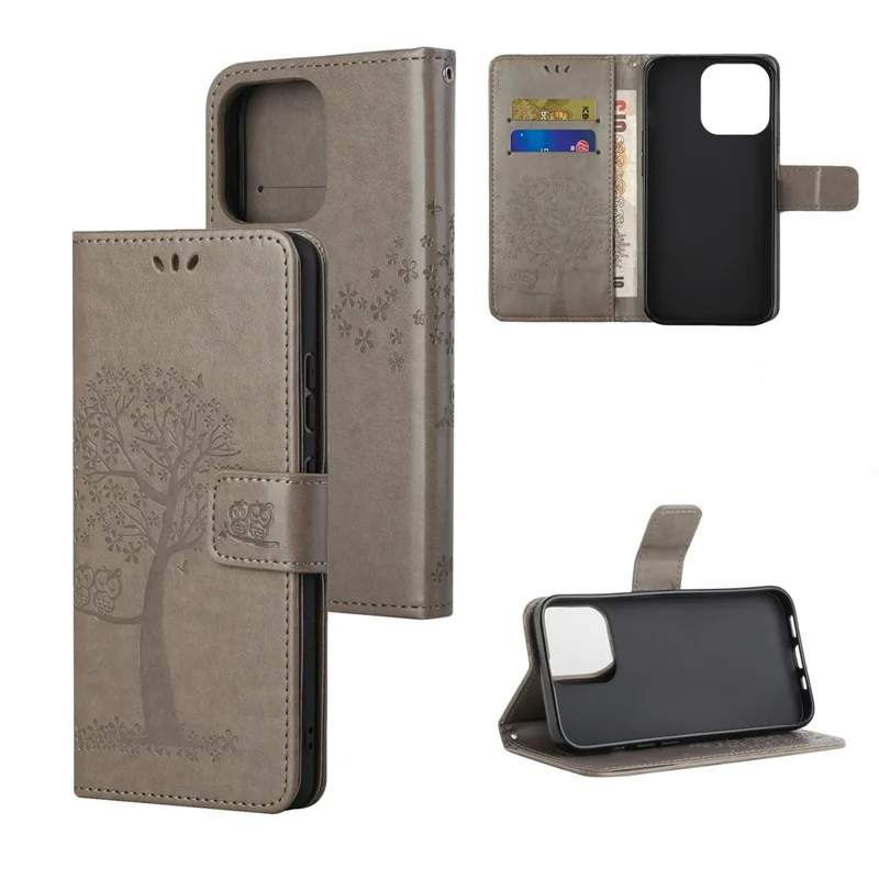 Owl Tree Imprinted Wallet Stand Leather Phone Shell Case for iPhone 13 6.1 inch - Grey