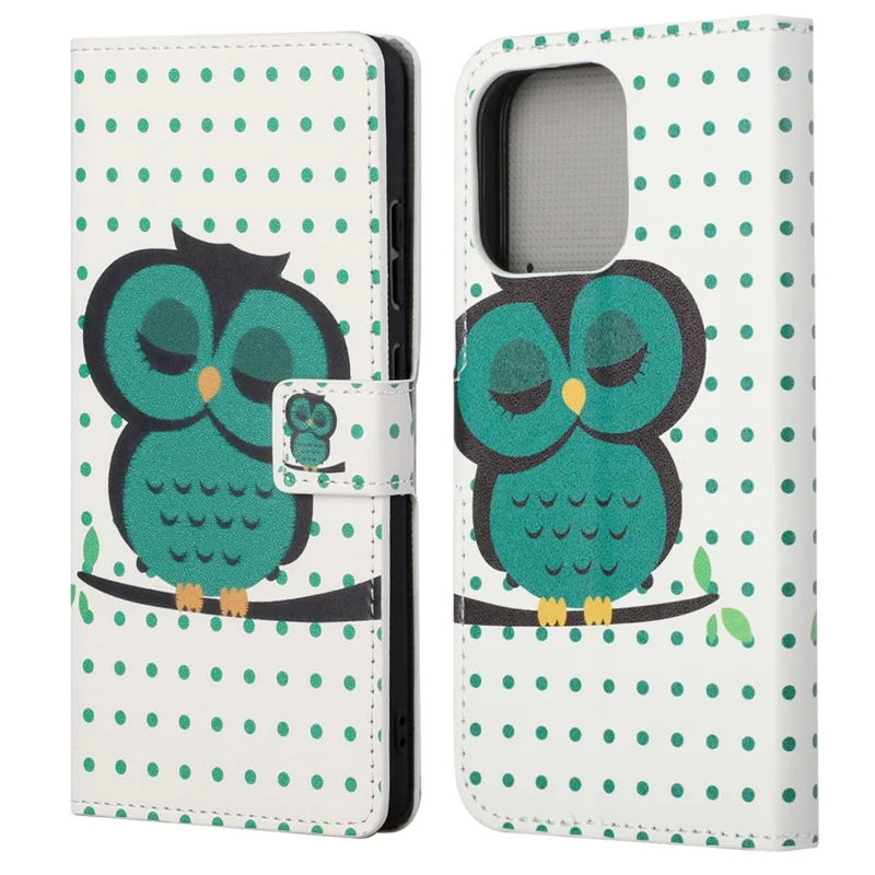 Full Body Protective Pattern Printing PU Leather Wallet Magnetic Closer Shockproof Stand Feature Flip Folio Cover Case for iPhone 13 6.1 inch - Green Owl