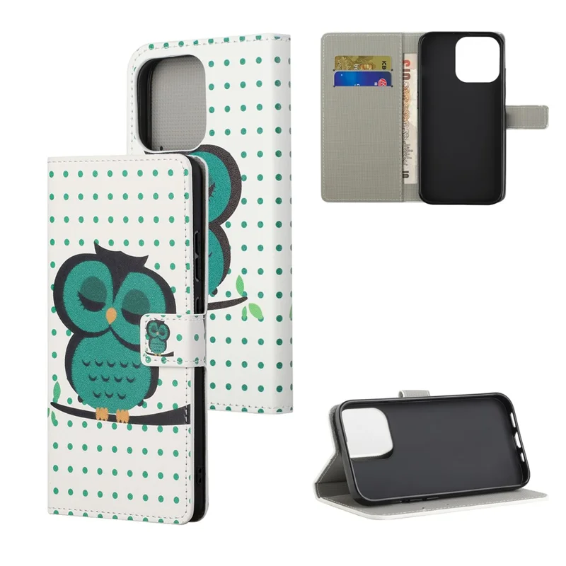 Full Body Protective Pattern Printing PU Leather Wallet Magnetic Closer Shockproof Stand Feature Flip Folio Cover Case for iPhone 13 6.1 inch - Green Owl