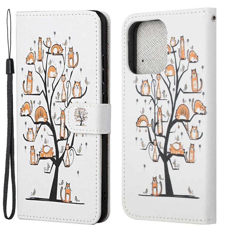 Magnetische sluiting met stijlvol patroon Cross-Texture lederen portemonnee standaardhoes voor iPhone 13 Pro 6,1 inch - Katten in de boom