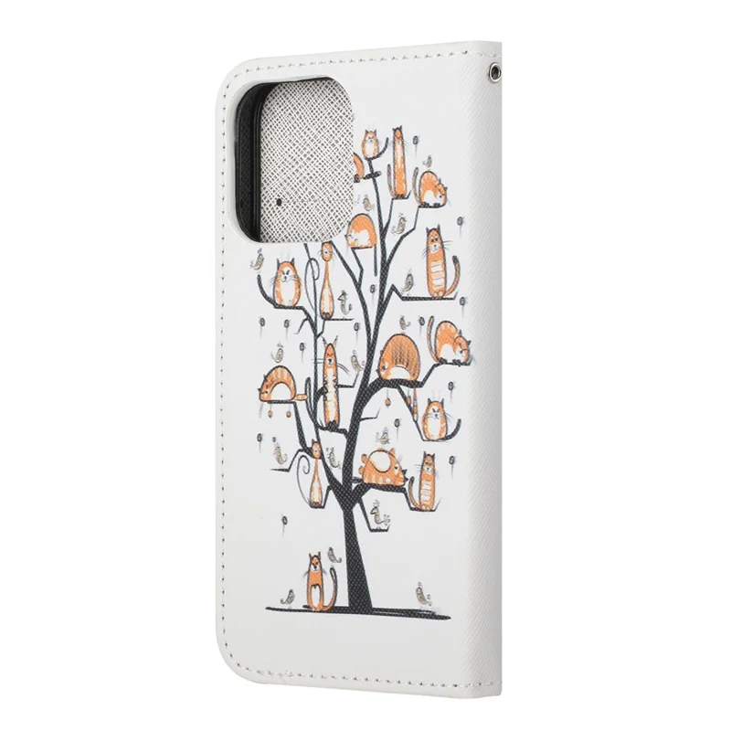 Magnetische sluiting met stijlvol patroon Cross-Texture lederen portemonnee standaardhoes voor iPhone 13 Pro 6,1 inch - Katten in de boom