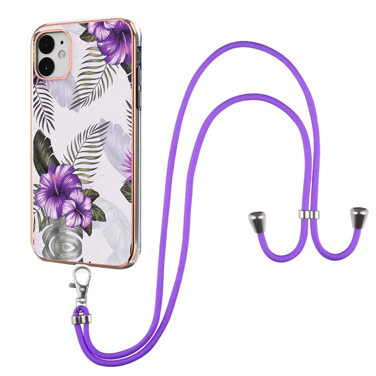 IMD IML Vivid Pattern Design Lightweight Flexible TPU Phone Case with Lanyard for iPhone 11 6.1 inch - Purple Flowers