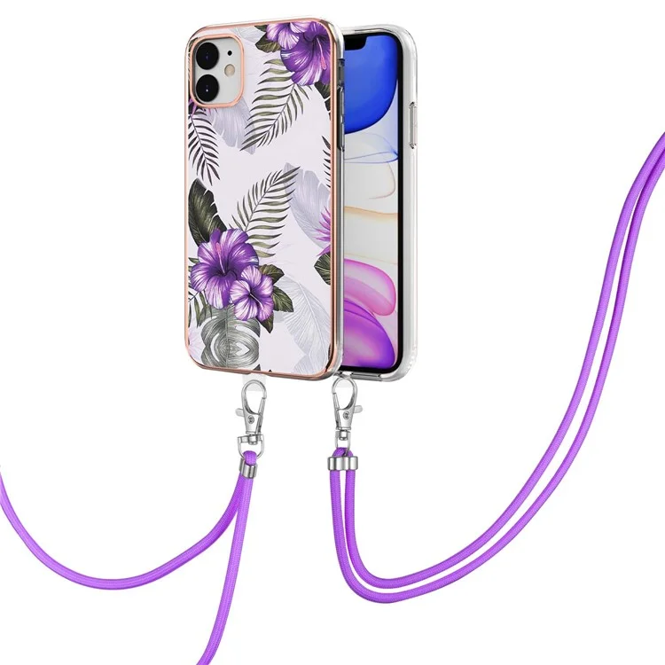 IMD IML Vivid Pattern Design Lightweight Flexible TPU Phone Case with Lanyard for iPhone 11 6.1 inch - Purple Flowers