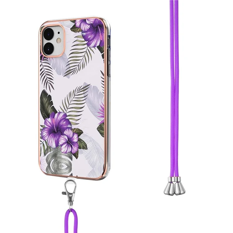 IMD IML Vivid Pattern Design Lightweight Flexible TPU Phone Case with Lanyard for iPhone 11 6.1 inch - Purple Flowers