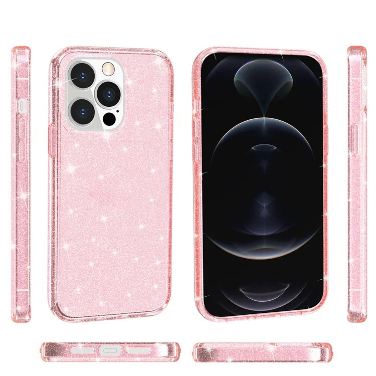 Case de Teléfono en Polvo de Brillo Brillo Para Iphone 13 Pro Max 6.7 Pulgadas, TPU Suave + PC Cubierta Resistente a Los Rasguños - Rosado