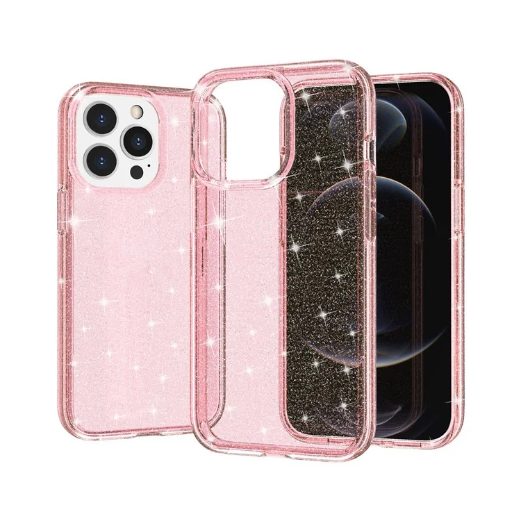 Para IPhone 13 Pro 6.1 Polegadas Clear Bling Sparkly Pó Glitter Brilhante Soft TPU + Hard PC Back Cover - Cor De Rosa