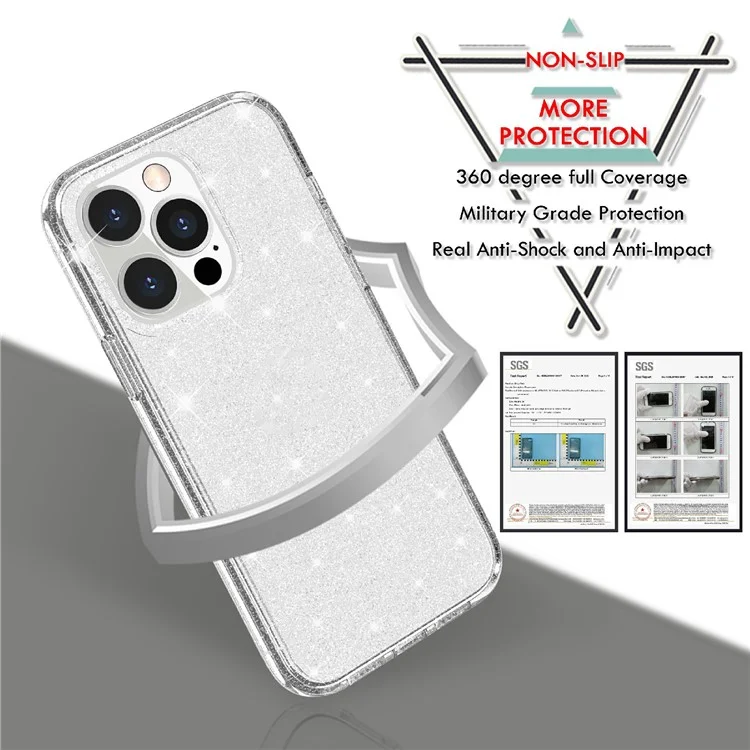 Para IPhone 13 Pro 6.1 Polegadas Clear Bling Sparkly Pó Glitter Brilhante Soft TPU + Hard PC Back Cover - Prata