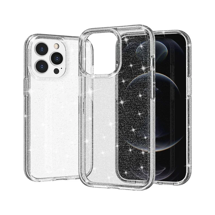 Pour iPhone 13 Pro 6,1 pouces Étui de protection en TPU souple et en PC rigide avec poudre de paillettes brillantes - Argent