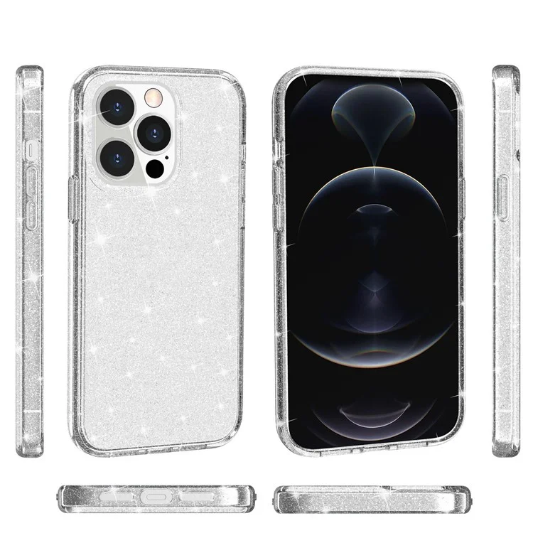 Pour iPhone 13 Pro 6,1 pouces Étui de protection en TPU souple et en PC rigide avec poudre de paillettes brillantes - Argent