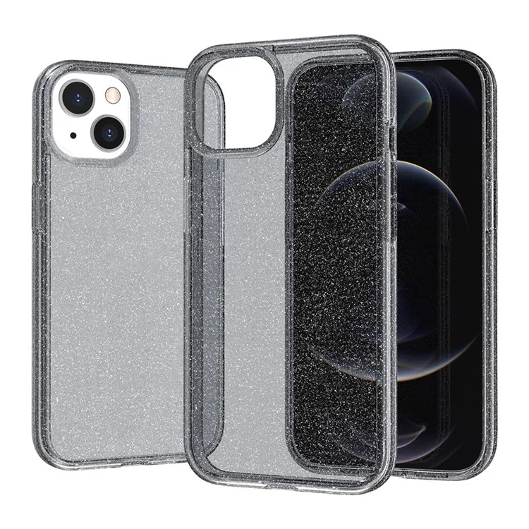 Per iPhone 13 6.1 pollici Custodia per telefono con design a glitter trasparente Bumper morbido in TPU + Retro duro in PC a prova di urto - Nero trasparente