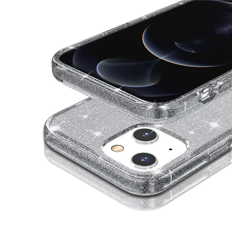 Per iPhone 13 6.1 pollici Custodia per telefono con design a glitter trasparente Bumper morbido in TPU + Retro duro in PC a prova di urto - Nero trasparente