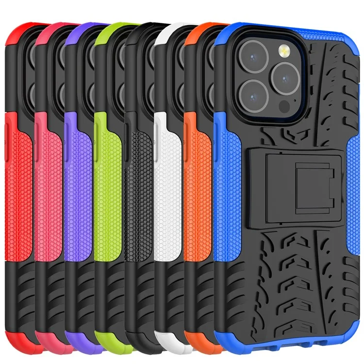Shockproof Tough Rugged PC + TPU Dual Layer Protective Case Hybrid Kickstand Cover for iPhone 13 Pro 6.1 inch - Black