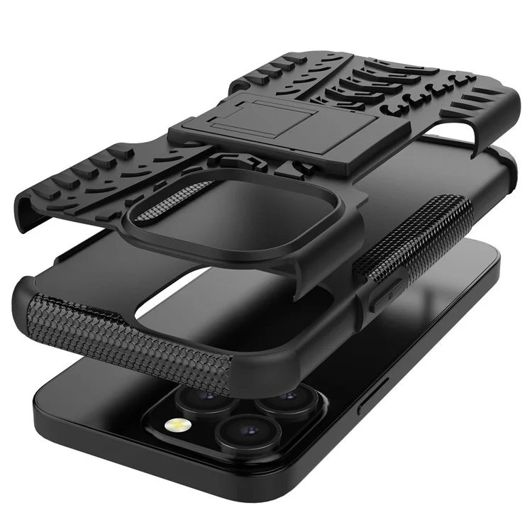 Shockproof Tough Rugged PC + TPU Dual Layer Protective Case Hybrid Kickstand Cover for iPhone 13 Pro 6.1 inch - Black