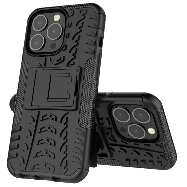Shockproof Tough Rugged PC + TPU Dual Layer Protective Case Hybrid Kickstand Cover for iPhone 13 Pro 6.1 inch - Black