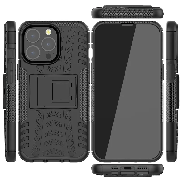 Shockproof Tough Rugged PC + TPU Dual Layer Protective Case Hybrid Kickstand Cover for iPhone 13 Pro 6.1 inch - Black