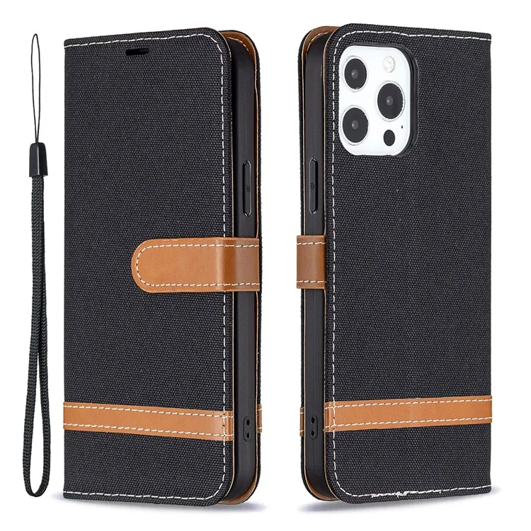 Para Iphone 13 Pro Max 6.7 Pulgadas Diseño de Billetera Jeans a Prueba de Gotas Portes de Cuero Soporte de Cuero Cubierta Del Teléfono - Negro