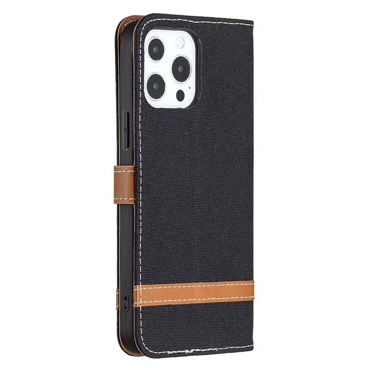 Para Iphone 13 Pro Max 6.7 Pulgadas Diseño de Billetera Jeans a Prueba de Gotas Portes de Cuero Soporte de Cuero Cubierta Del Teléfono - Negro