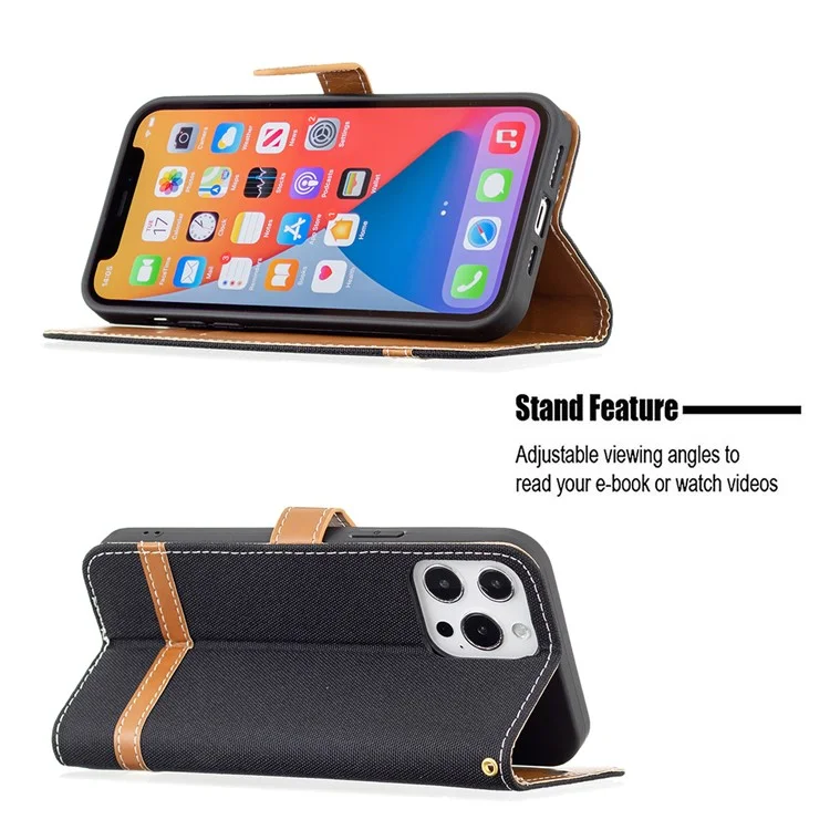 Para Iphone 13 Pro Max 6.7 Pulgadas Diseño de Billetera Jeans a Prueba de Gotas Portes de Cuero Soporte de Cuero Cubierta Del Teléfono - Negro