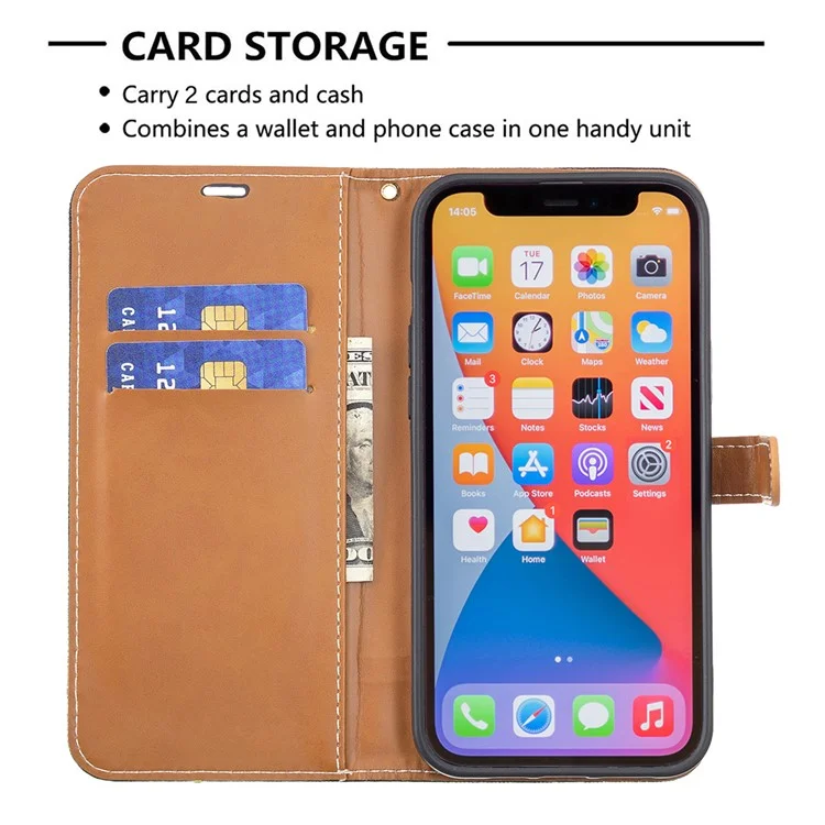 Para Iphone 13 Pro Max 6.7 Pulgadas Diseño de Billetera Jeans a Prueba de Gotas Portes de Cuero Soporte de Cuero Cubierta Del Teléfono - Negro