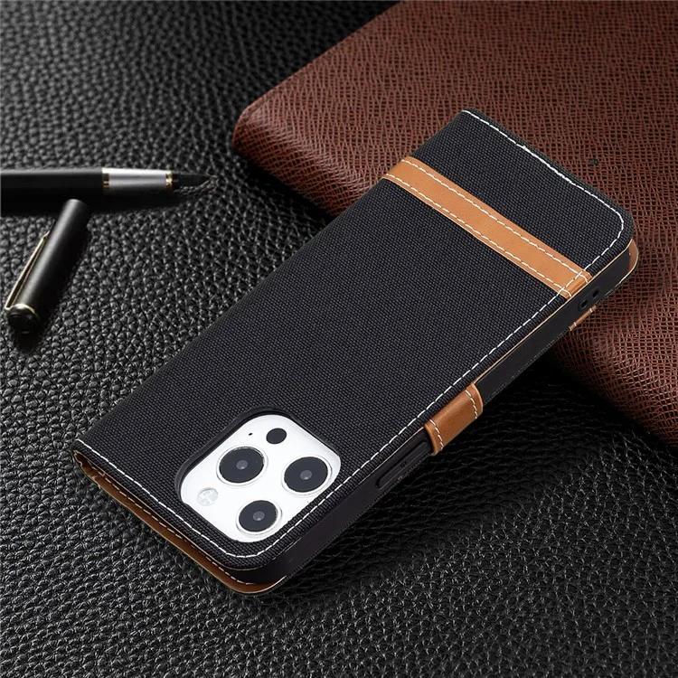 Para Iphone 13 Pro Max 6.7 Pulgadas Diseño de Billetera Jeans a Prueba de Gotas Portes de Cuero Soporte de Cuero Cubierta Del Teléfono - Negro