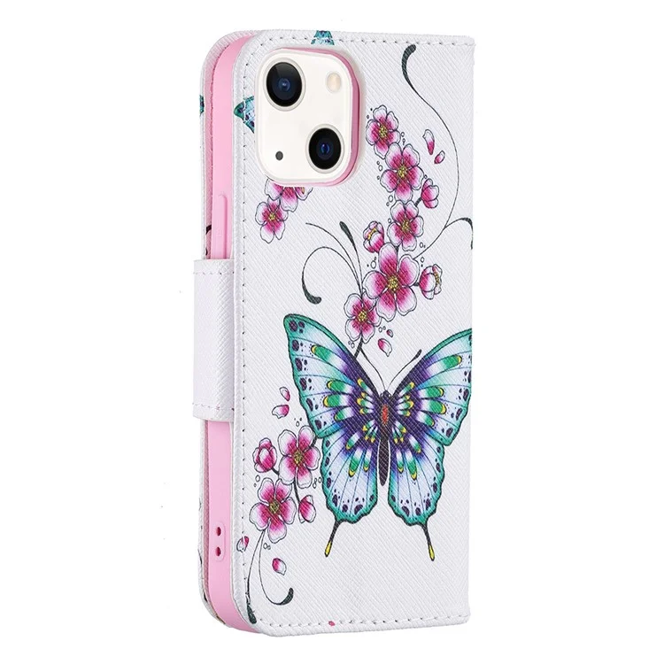 Pattern Printing PU Leather Shockproof Protective Wallet Cover with Magnetic Stand for iPhone 13 mini 5.4 inch - Peach Blossom Butterflies