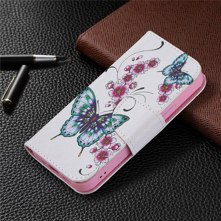 Pattern Printing PU Leather Shockproof Protective Wallet Cover with Magnetic Stand for iPhone 13 mini 5.4 inch - Peach Blossom Butterflies