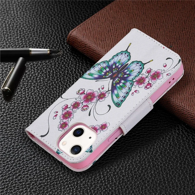 Pattern Printing PU Leather Shockproof Protective Wallet Cover with Magnetic Stand for iPhone 13 mini 5.4 inch - Peach Blossom Butterflies