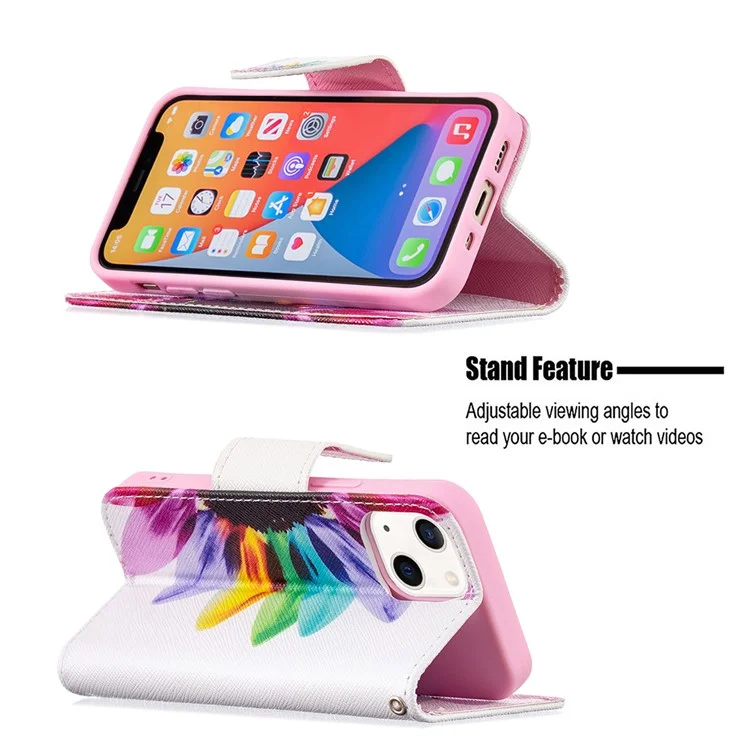 Premium PU Leder Lustige Muster Druck Flip Wallet Stand Case Cover Für IPhone 13 Mini 5,4 Zoll - Sonnenblume