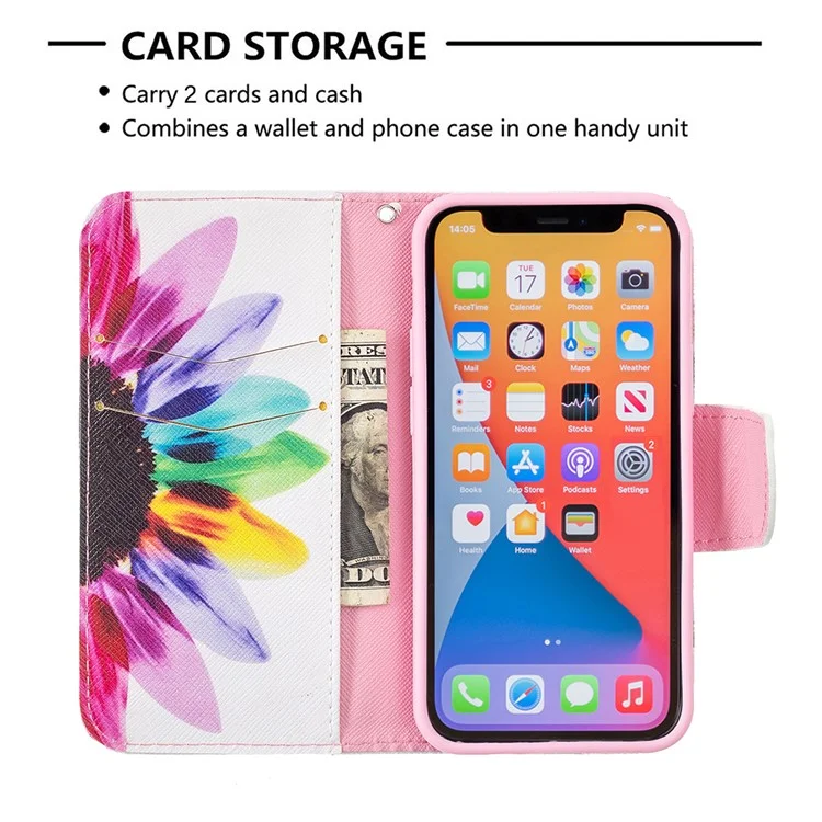 Premium PU Leder Lustige Muster Druck Flip Wallet Stand Case Cover Für IPhone 13 Mini 5,4 Zoll - Sonnenblume